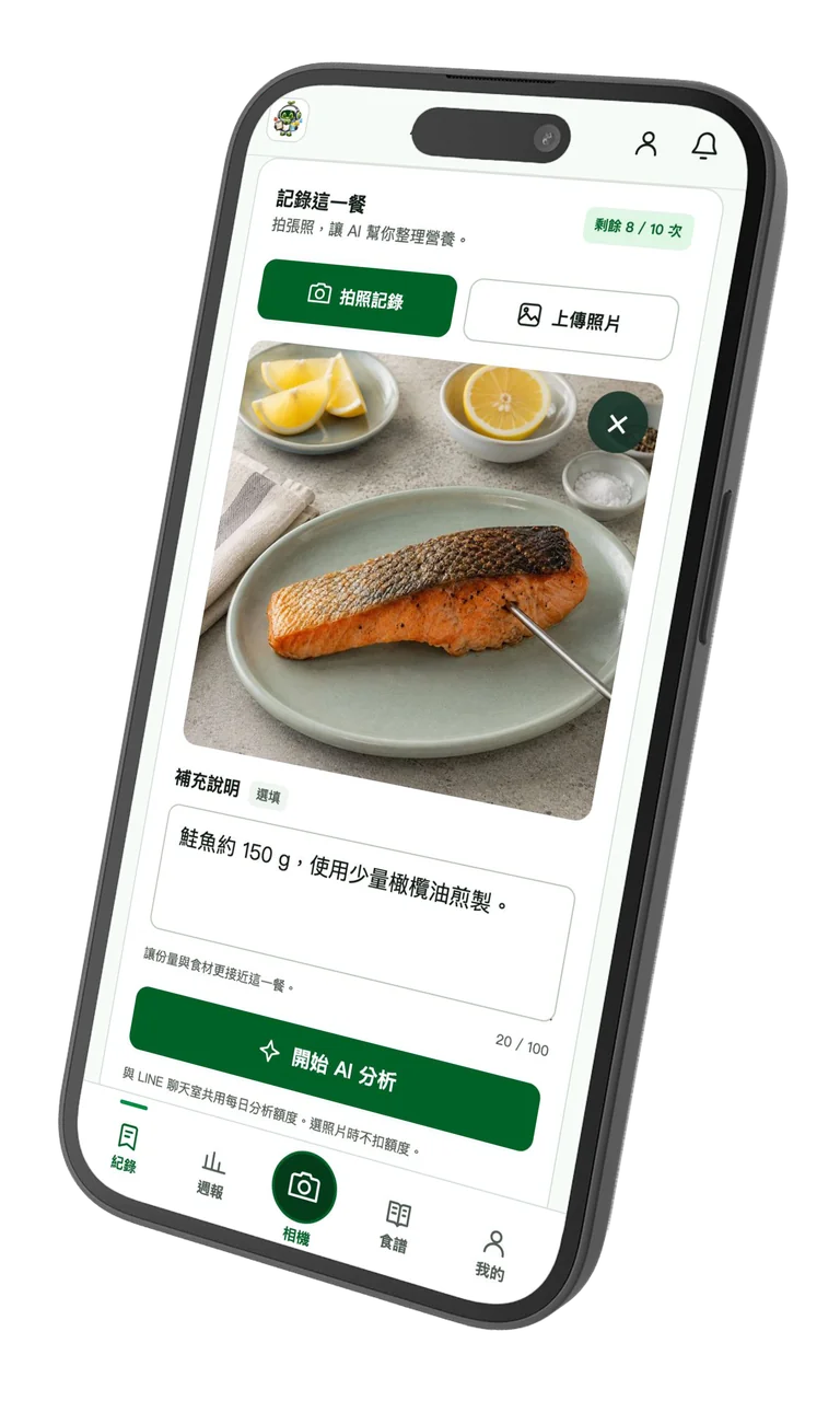 LINE 網頁版手機展示：拍照記錄、餐點照片、補充說明與中央圓形相機